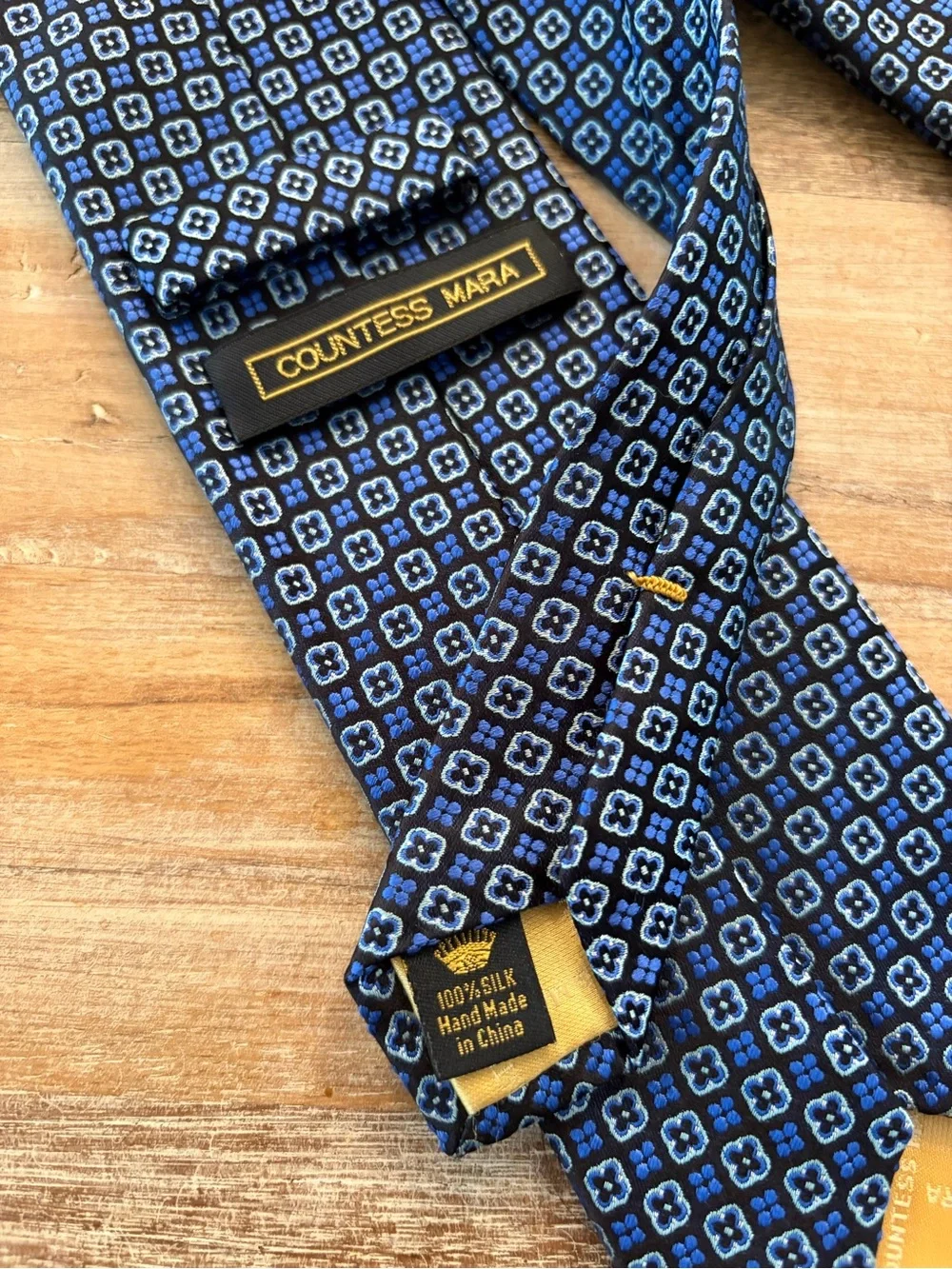 Countess Mara 100% Silk Tie Blue Geometric Necktie Blue Gold Crown Logo